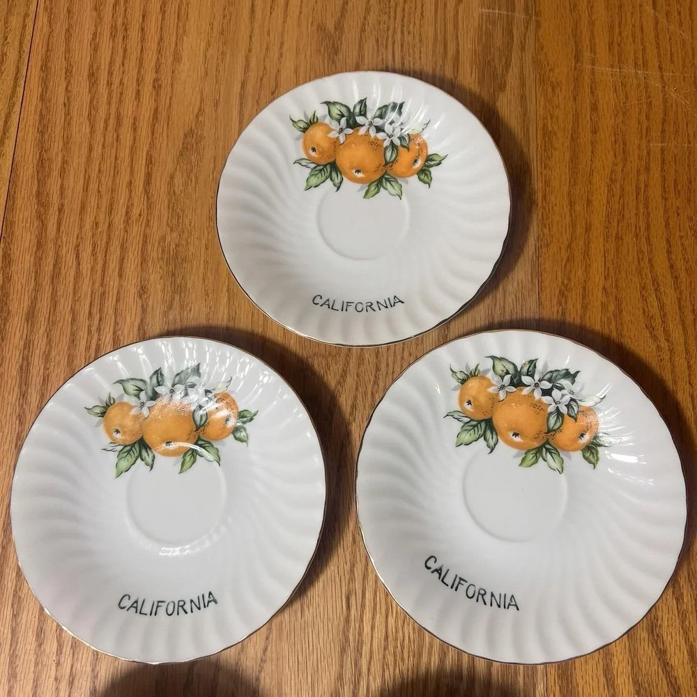 VTG SET of 3 'California' E W Princess Tea Cups Saucer Hand Painted Oranges Gold